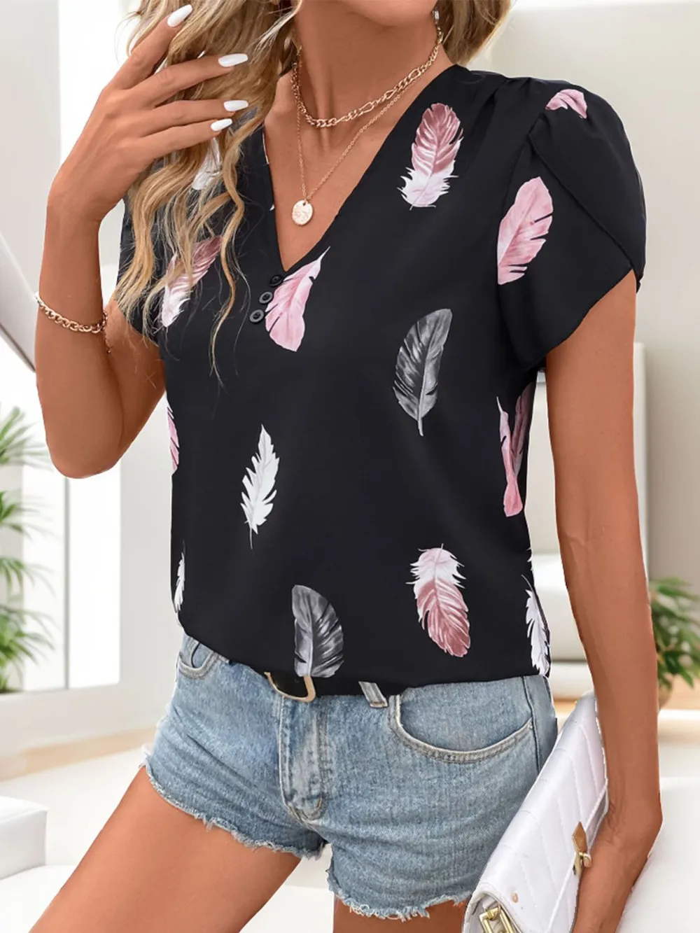 Printed V-Neck Short Sleeve Blouse, image 5