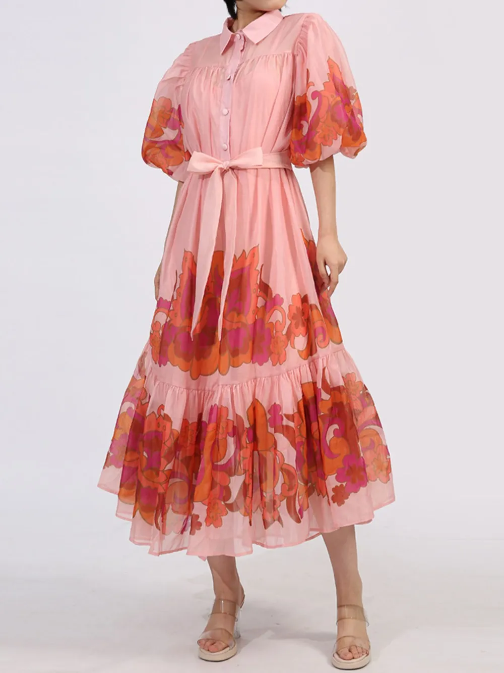 Button Front Puff Sleeve Dress