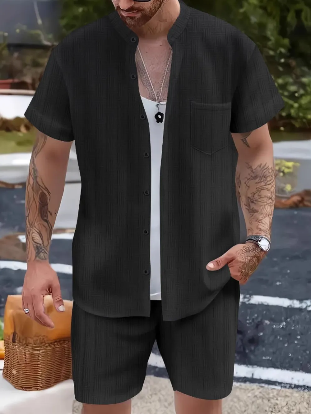 Men's Button Up Short Sleeve Shirt and Shorts Set, image 5