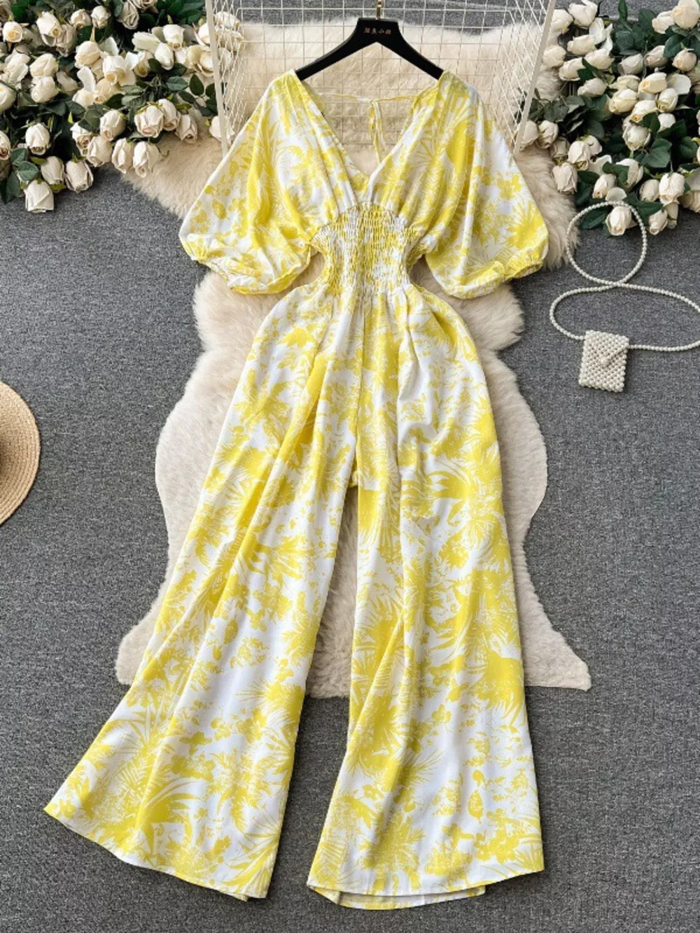 Smocked V-Neck Wide Leg Jumpsuit, image 2