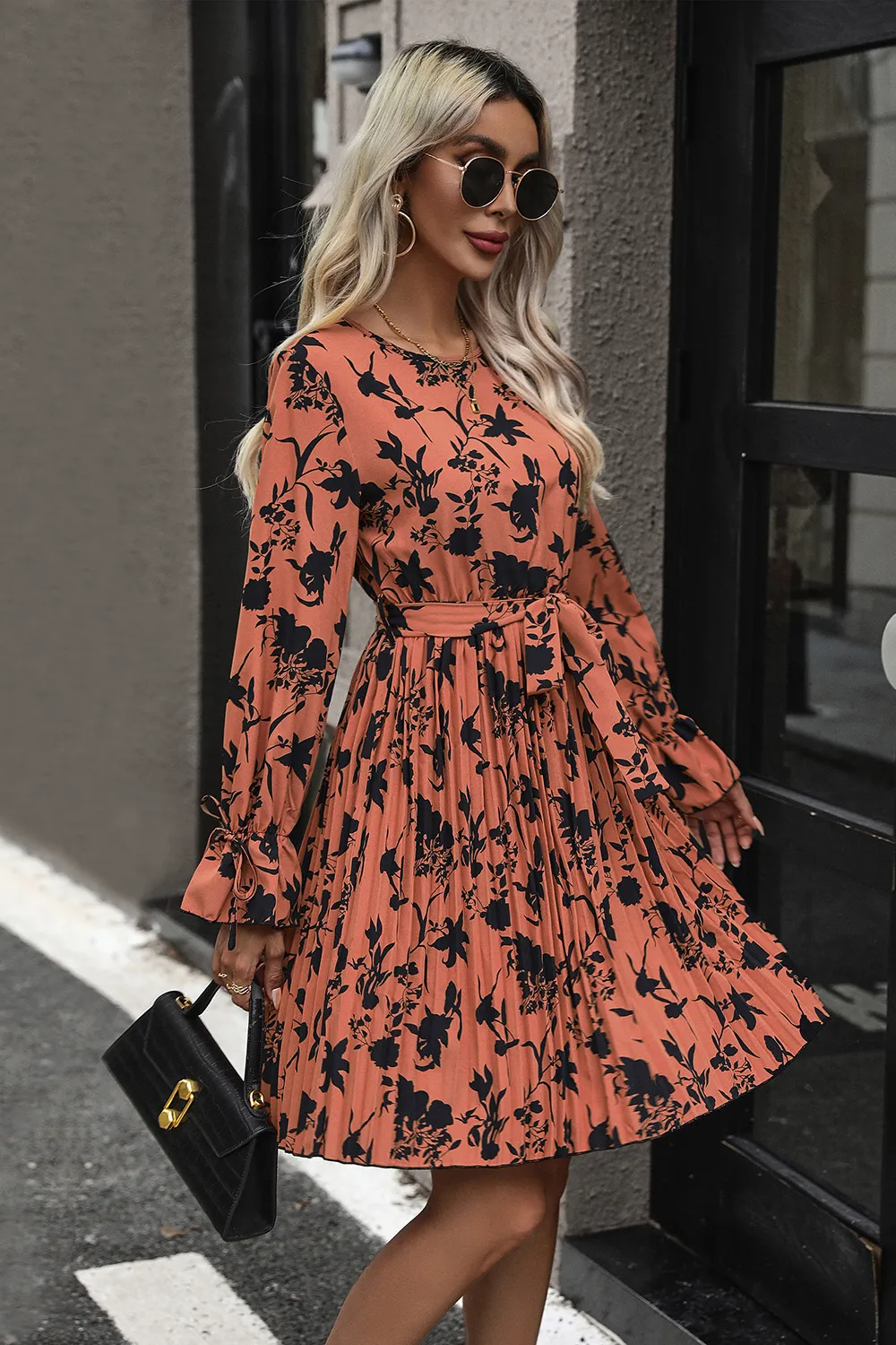 Tie-Waist Printed Pleated Mini Dress, image 3