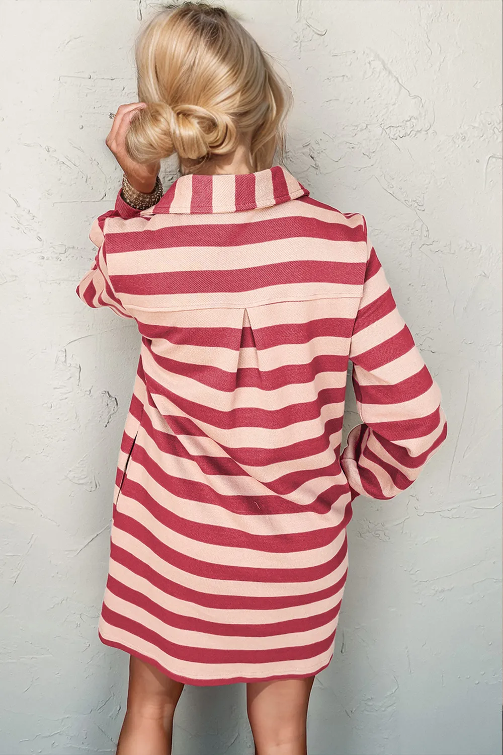 Full Size Striped Contrast Collared Neck Long Sleeve Dress, image 2
