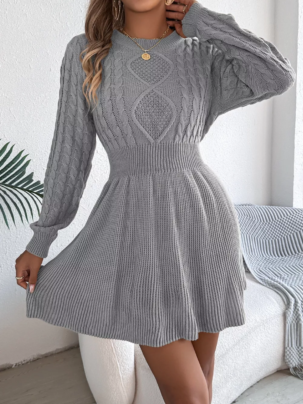 Cable Knit Long Sleeve Sweater Dress, image 4
