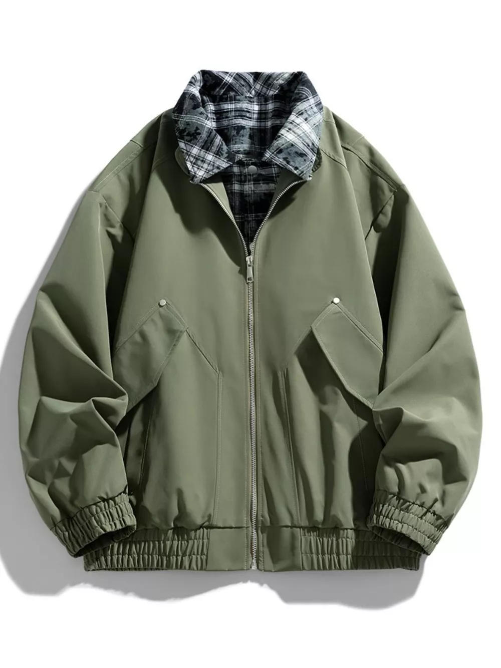 Men's Plus Size Plaid Collar Zip-Up Bomber Jacket, image 5