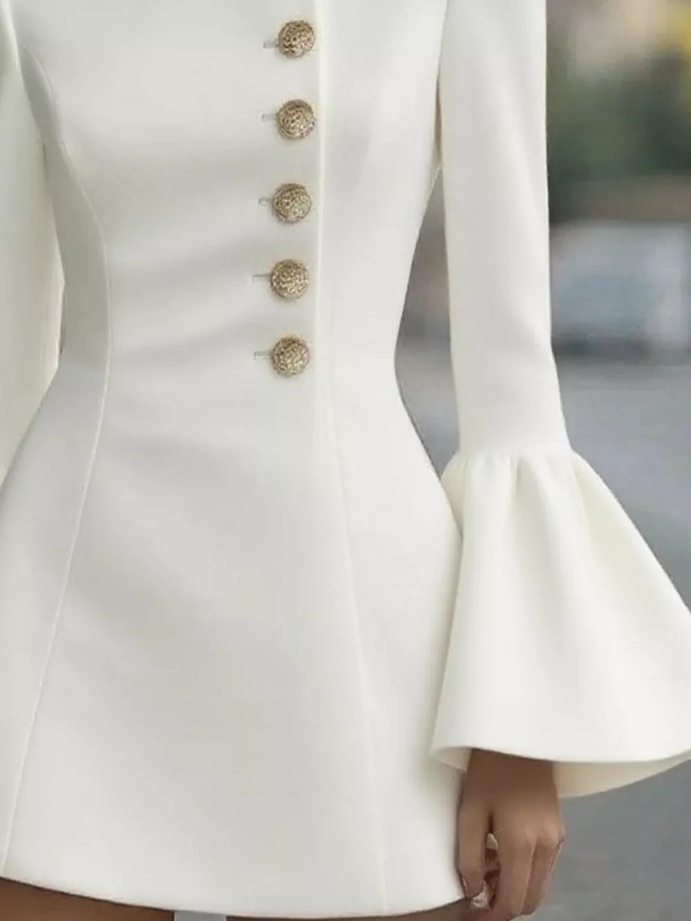 Bell Sleeve Mini Dress with Front Button, image 2