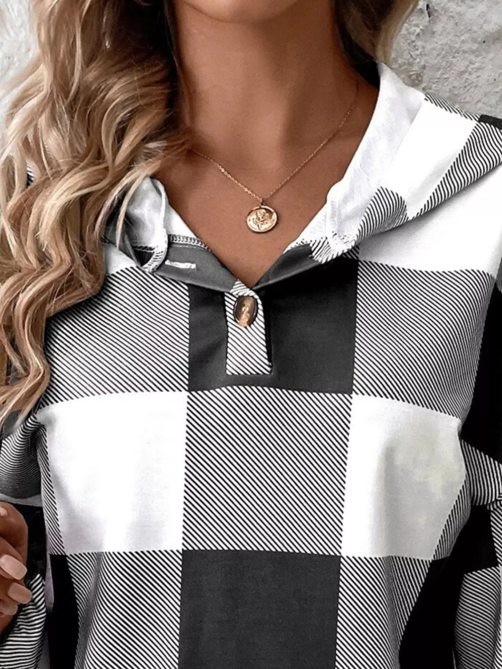 Casual Plaid Button Detail Hoodie, image 3