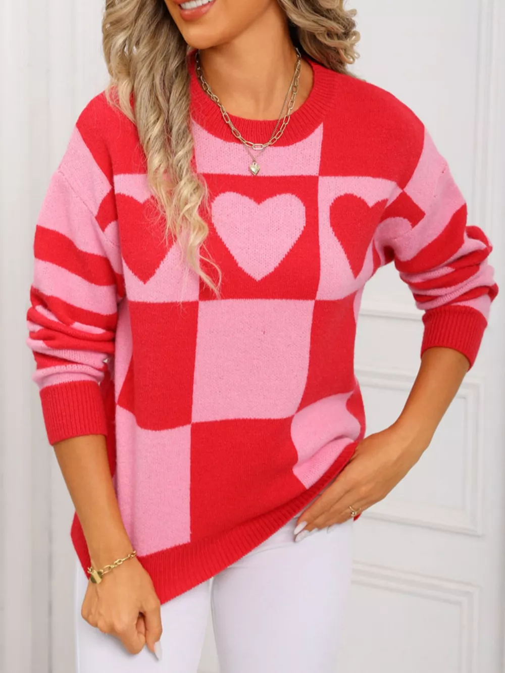 Heart Pattern Checkerboard Knit Sweater, image 6