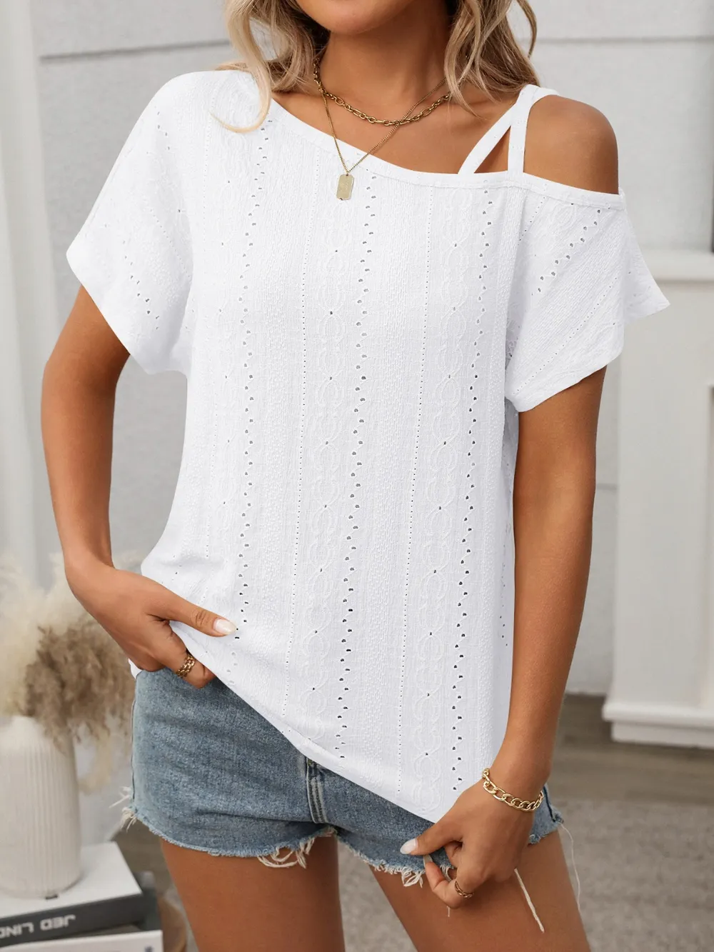 Eyelet Asymmetrical Shoulder Short Sleeve T-Shirt, image 5