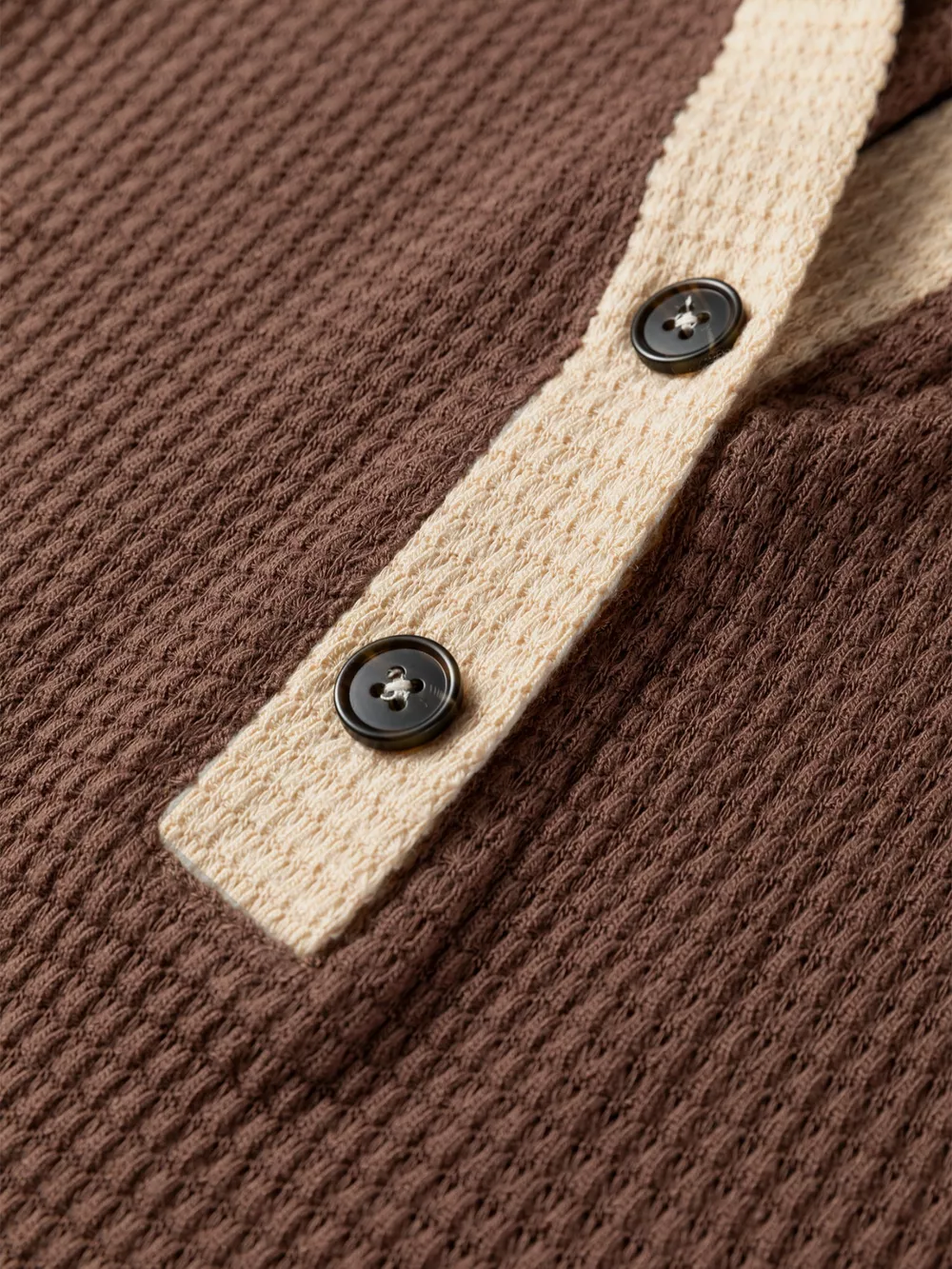 Waffle Contrast Half Buttoned Hooded Pullover Top, image 2