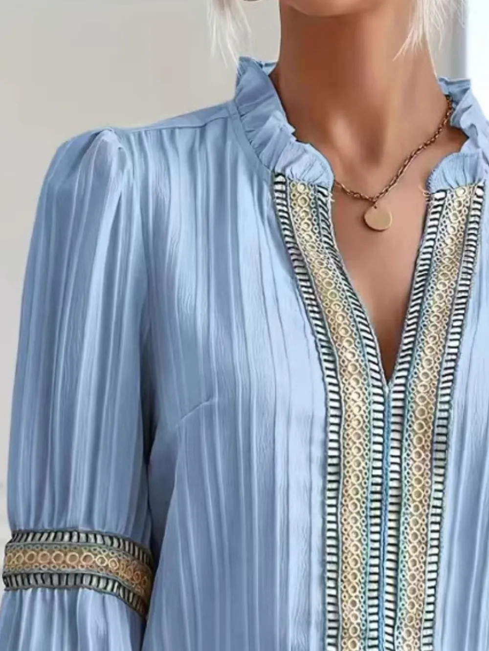 Notched Textured Balloon Sleeve Blouse, image 9