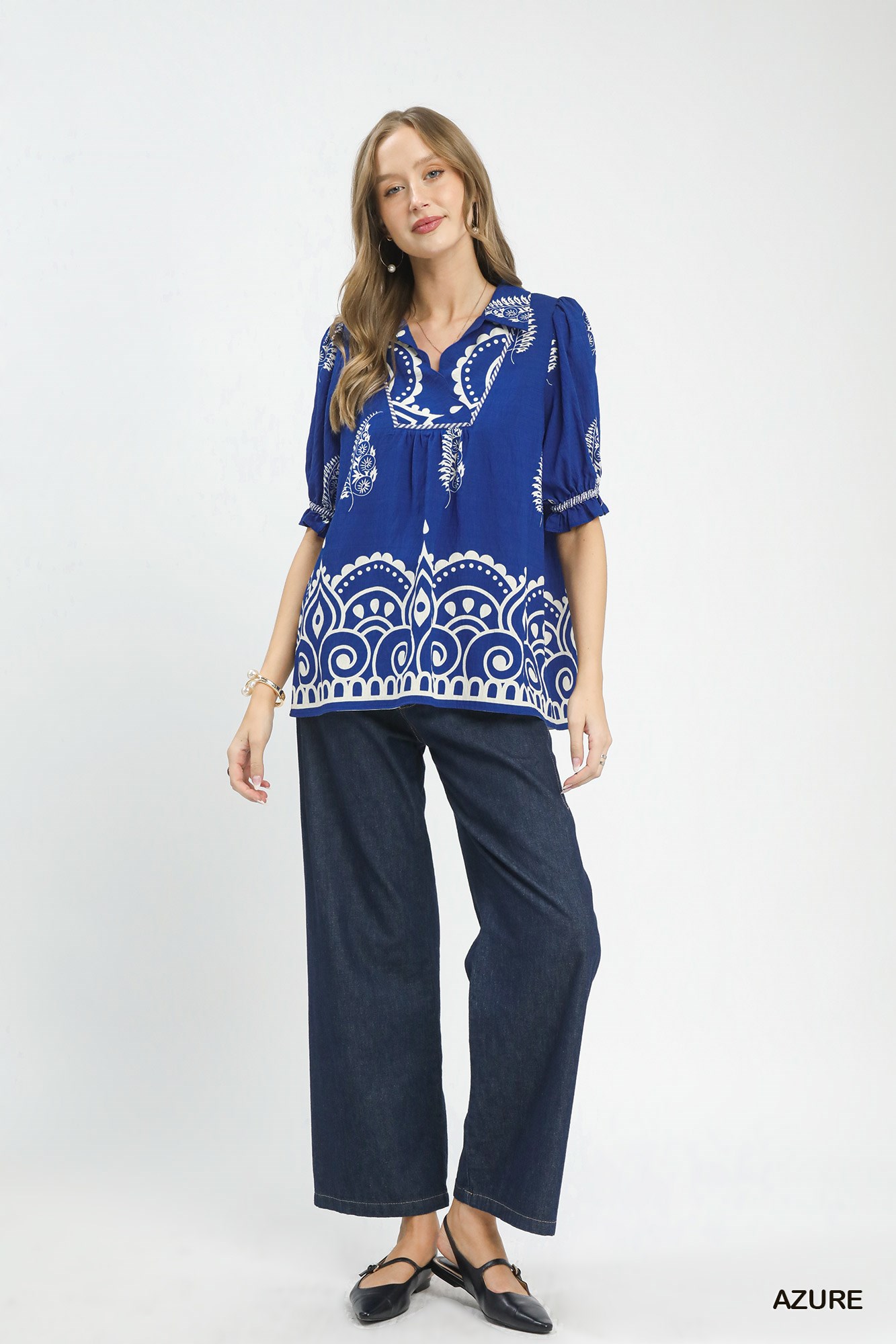 Printed Puff Sleeve Split Neck Top, image 5