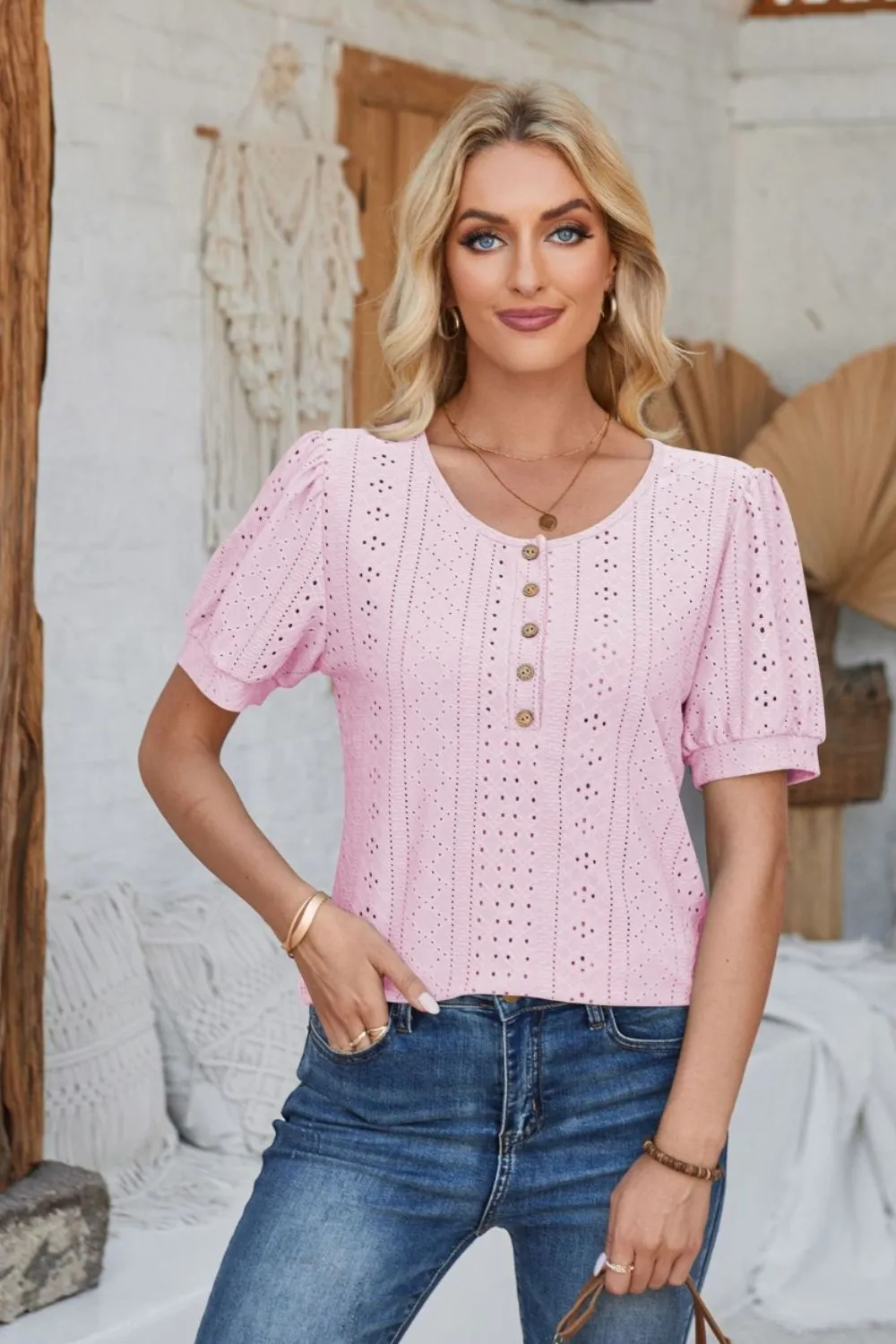 Eyelet Round Neck Short Sleeve Blouse, image 16