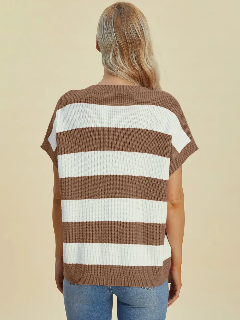 Full Size Striped V-Neck Short Sleeve Sweater, image 4