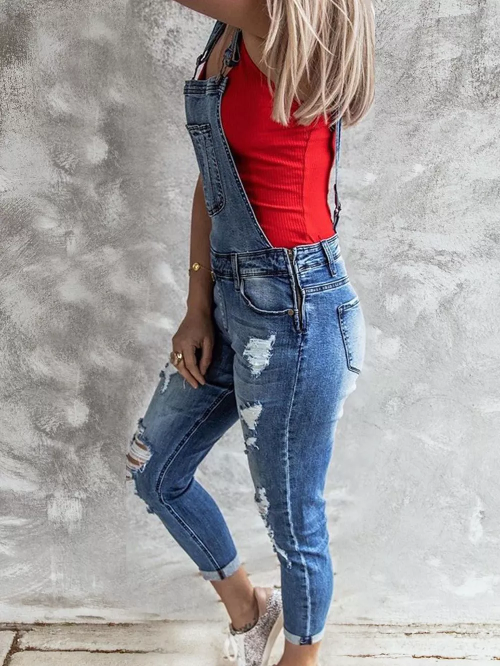 Wide Strap Distressed Denim Overalls, image 2