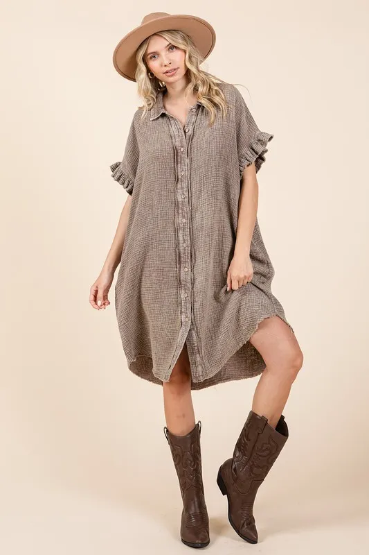 Mineral Wash Cotton Gauze Mini Shirt Dress