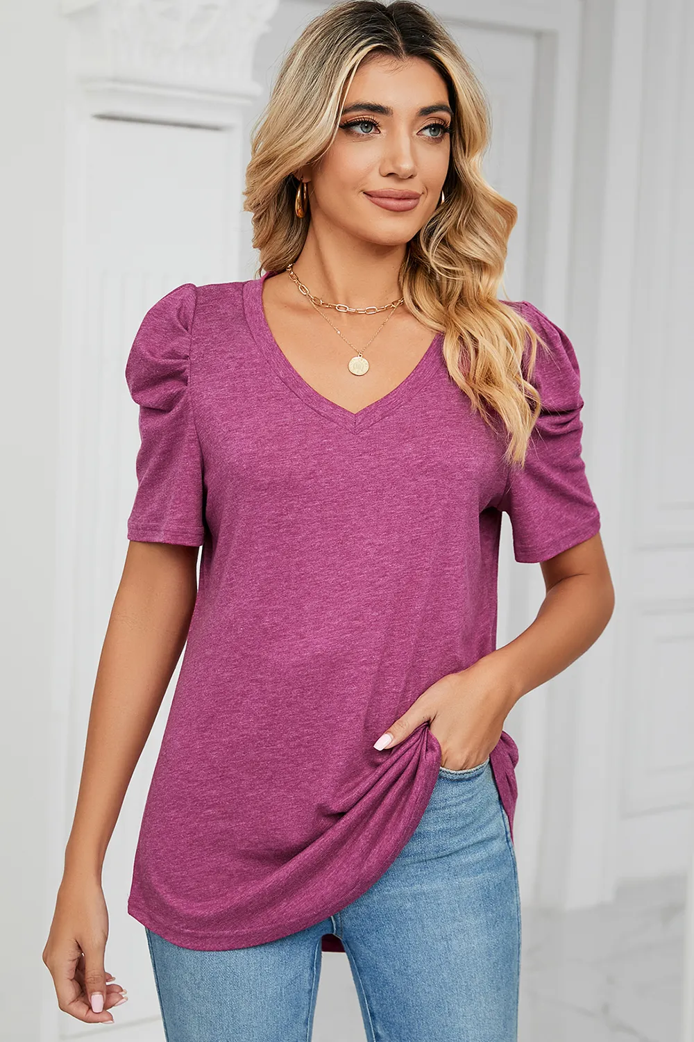 Heathered V-Neck Puff Sleeve T-Shirt, image 4