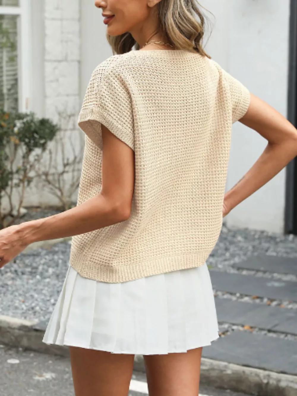 Round Neck Waffle Knit Top, image 5