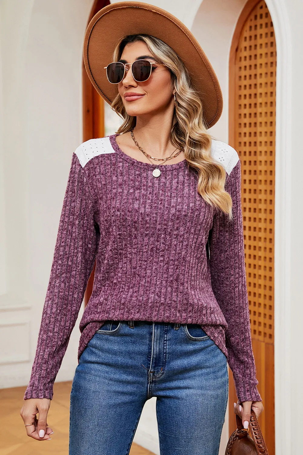 Eyelet Ribbed Round Neck Long Sleeve T-Shirt, image 23