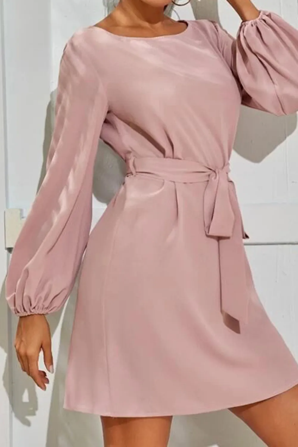 Tied Boat Neck Balloon Sleeve Mini Dress, image 3