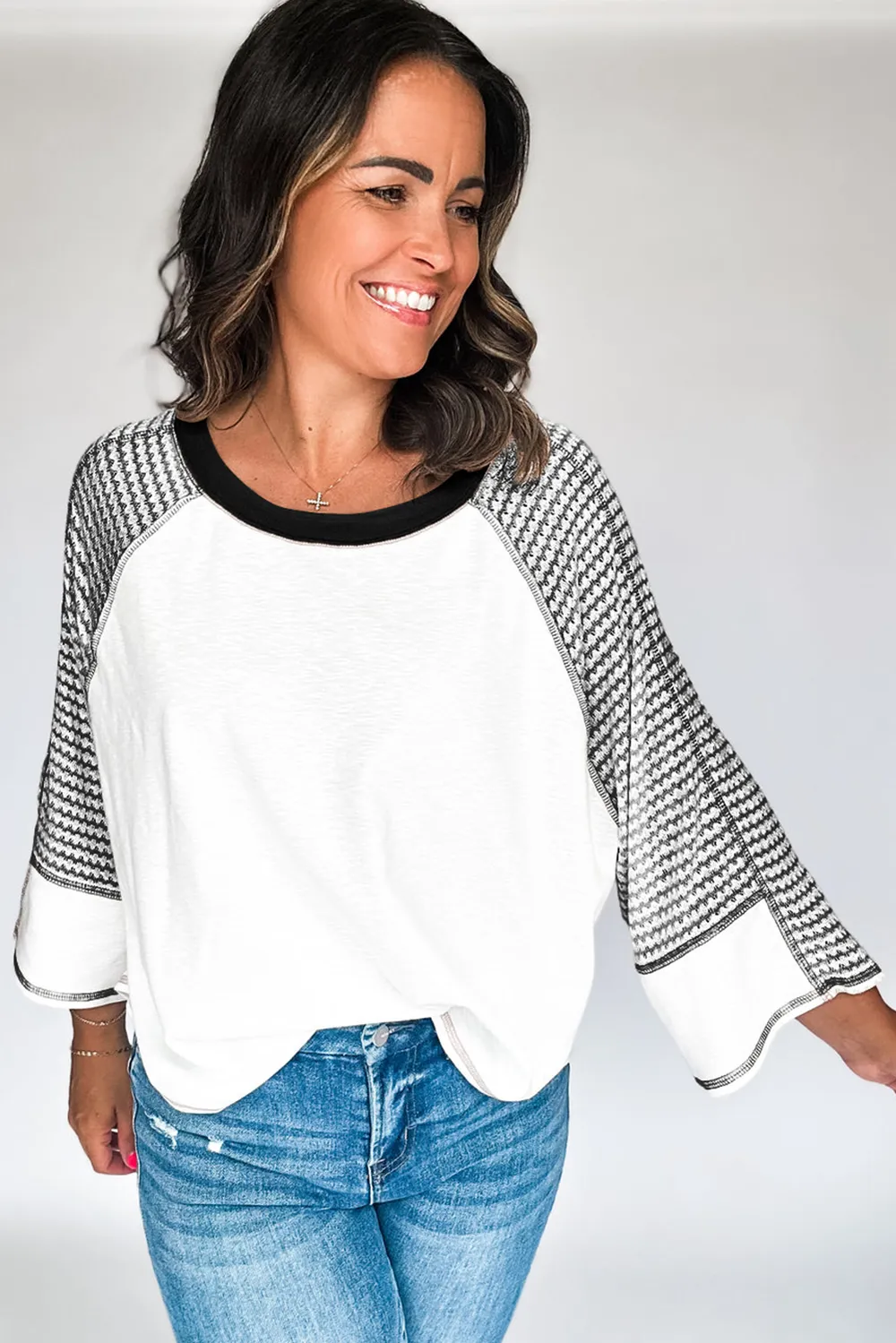 Striped Round Neck Raglan Sleeve Top, image 2