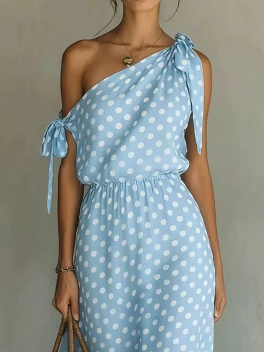Full Size Polka Dot One-Shoulder Maxi Dress with Tie Details Plus Size, image 4