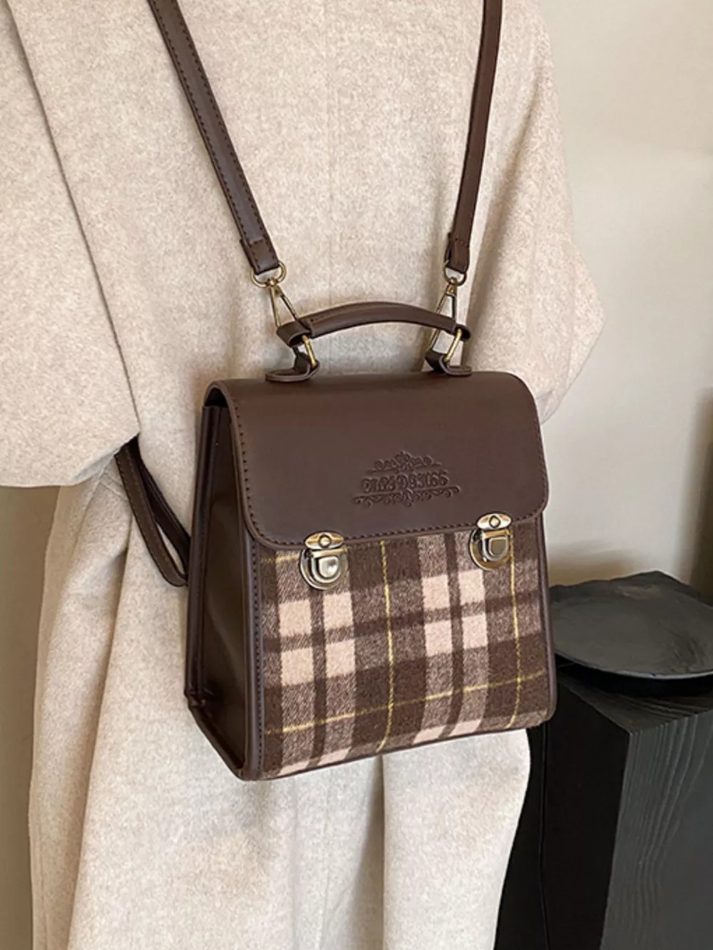 Vintage Plaid Flap Backpack Bag, image 3