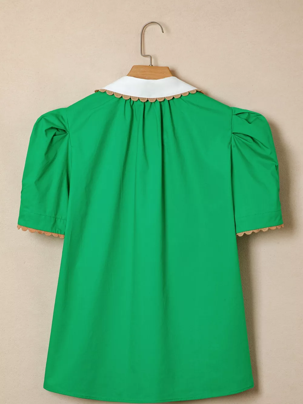 Ricrac Trim Color Block Patchwork Shirt Collar Short Sleeve Blouse, image 2