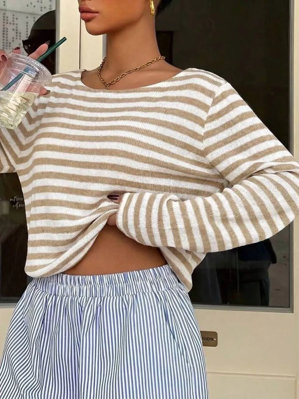 Boat Neck Striped Long Sleeve T-Shirt, image 19