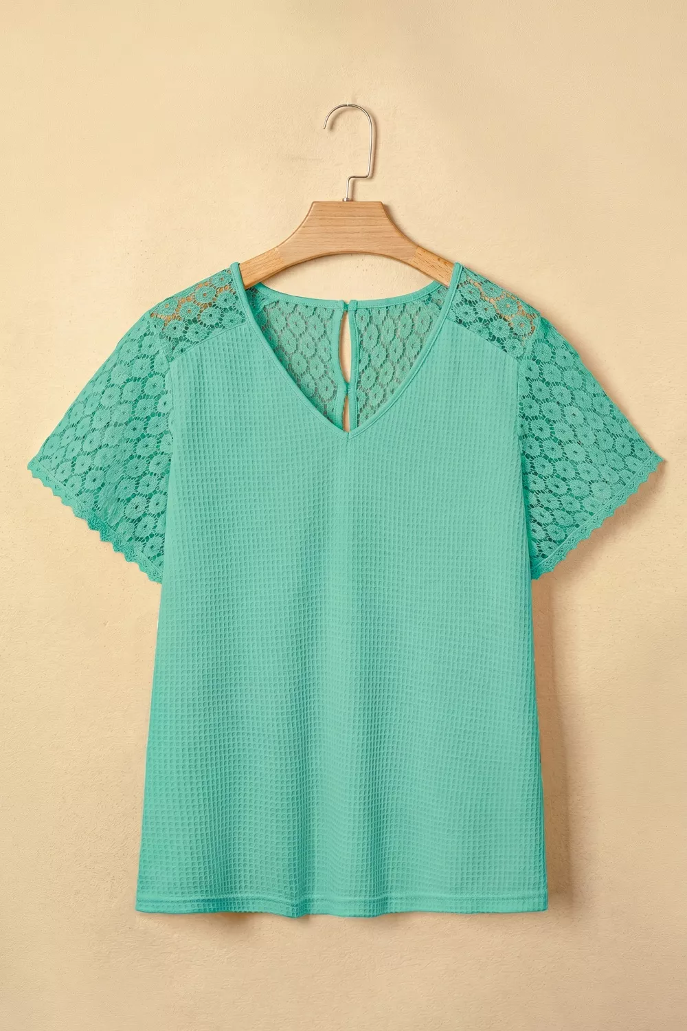 Lace Splicing Button Cutout V Neck Waffle Knit Blouse, image 5