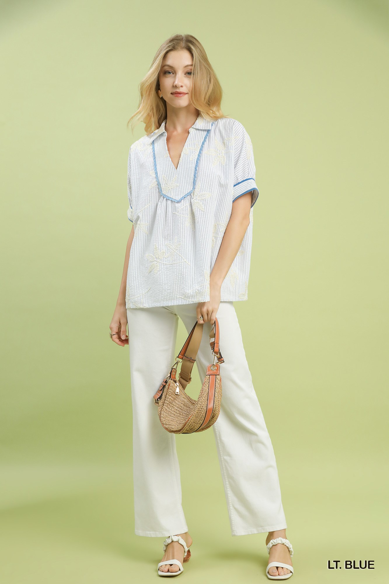 Striped Embroidered Blouse with Scallop Trim, image 3