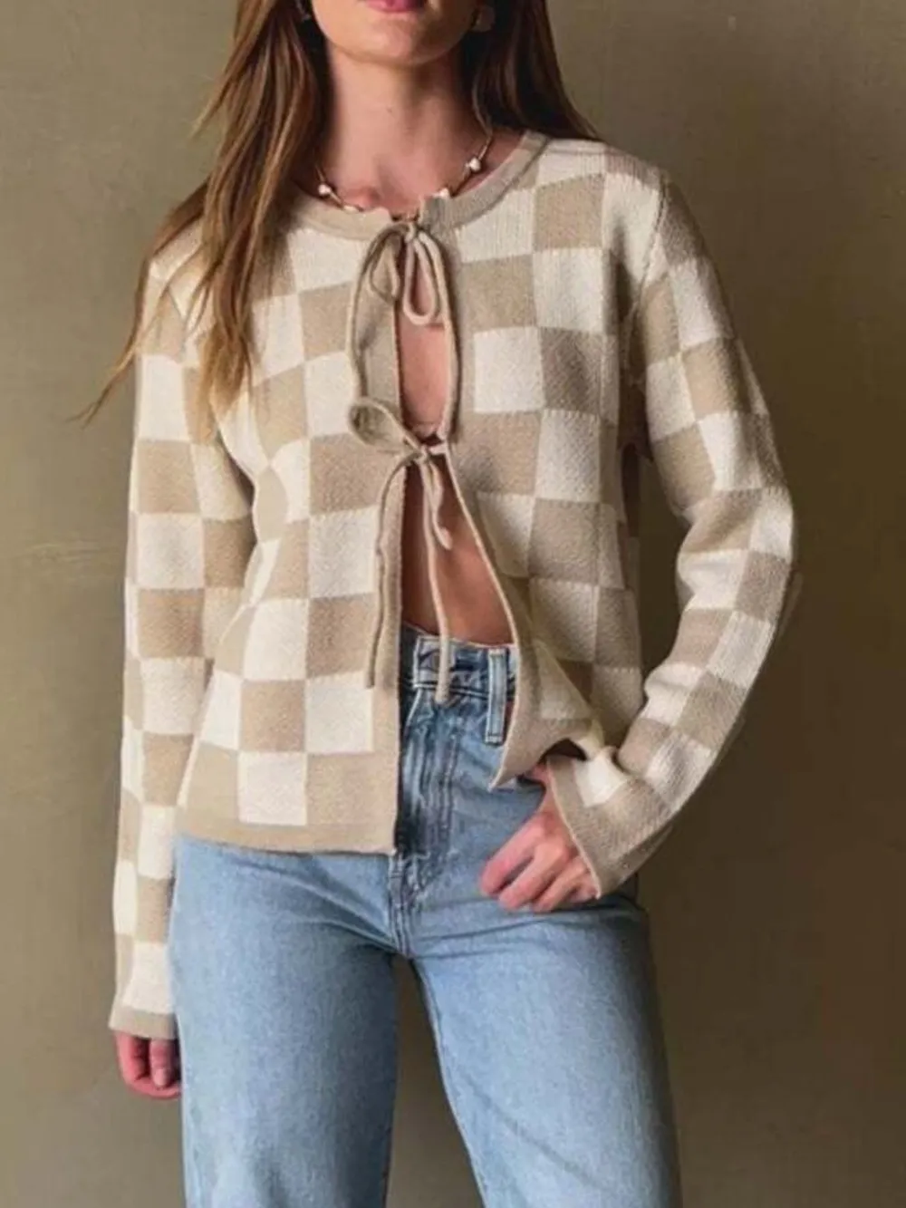 Checkered Tie-Front Cropped Cardigan, image 4