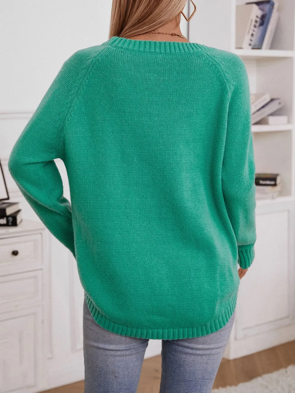 Decorative Button Round Neck Raglan Sleeve Sweater, image 3