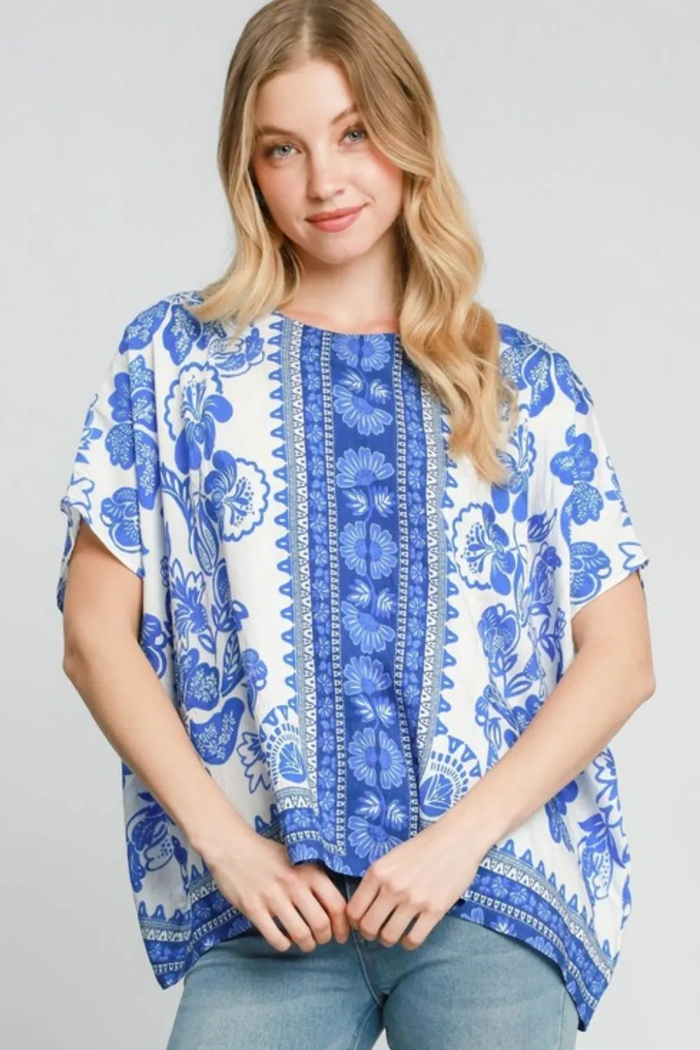 Full Size Floral Border Print Oversized Top Plus Size