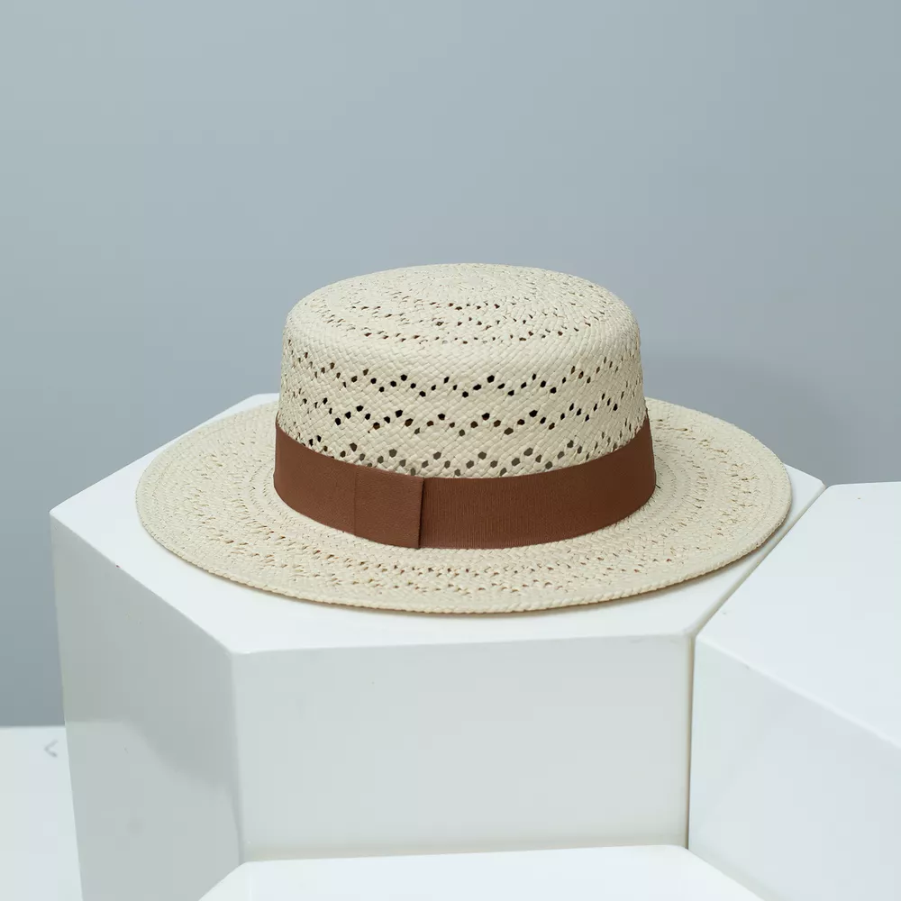 Woven Straw Boater Hat with Ribbon, image 4