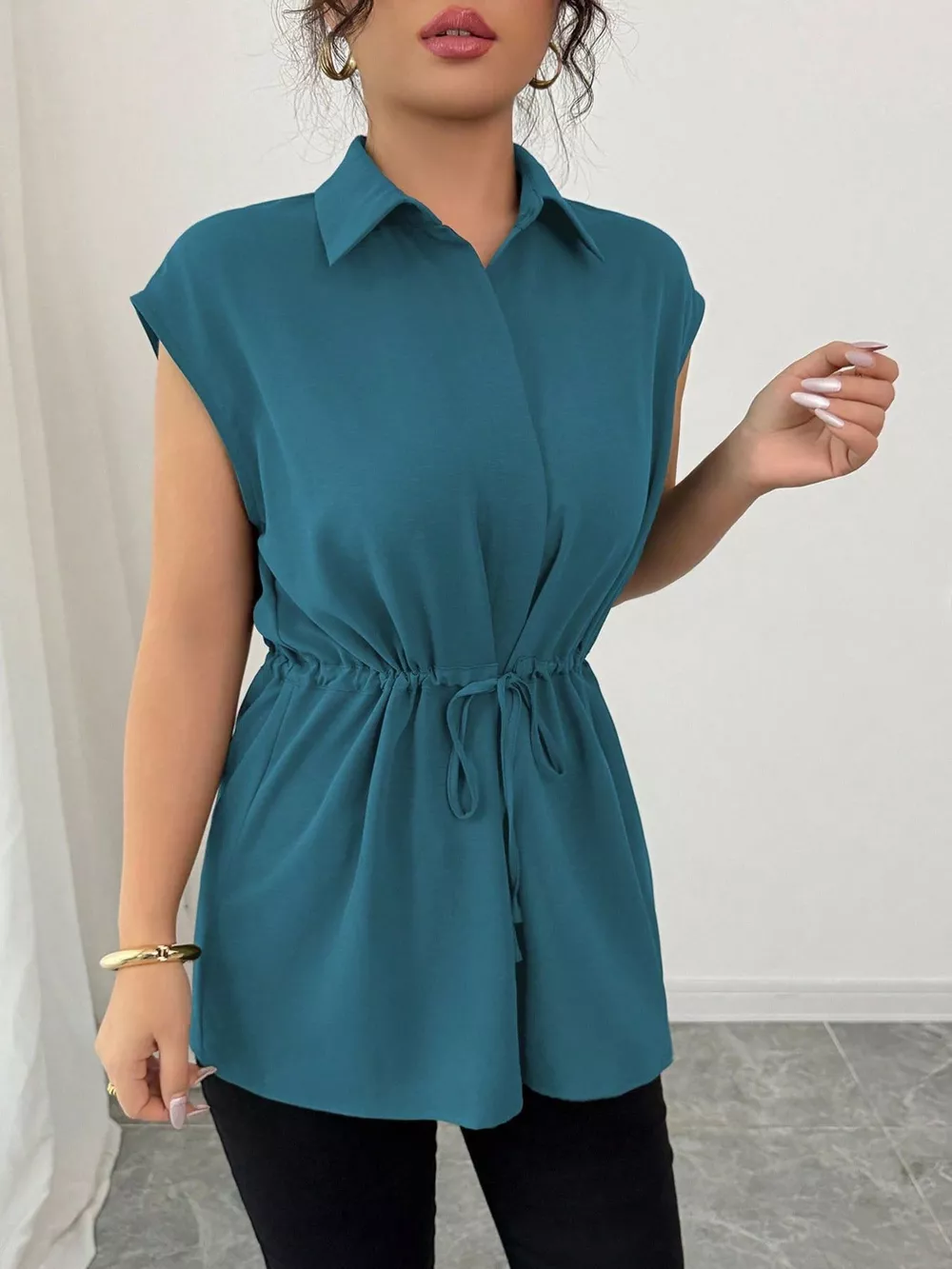 Drawstring Waist Cap Sleeve Shirt, image 6