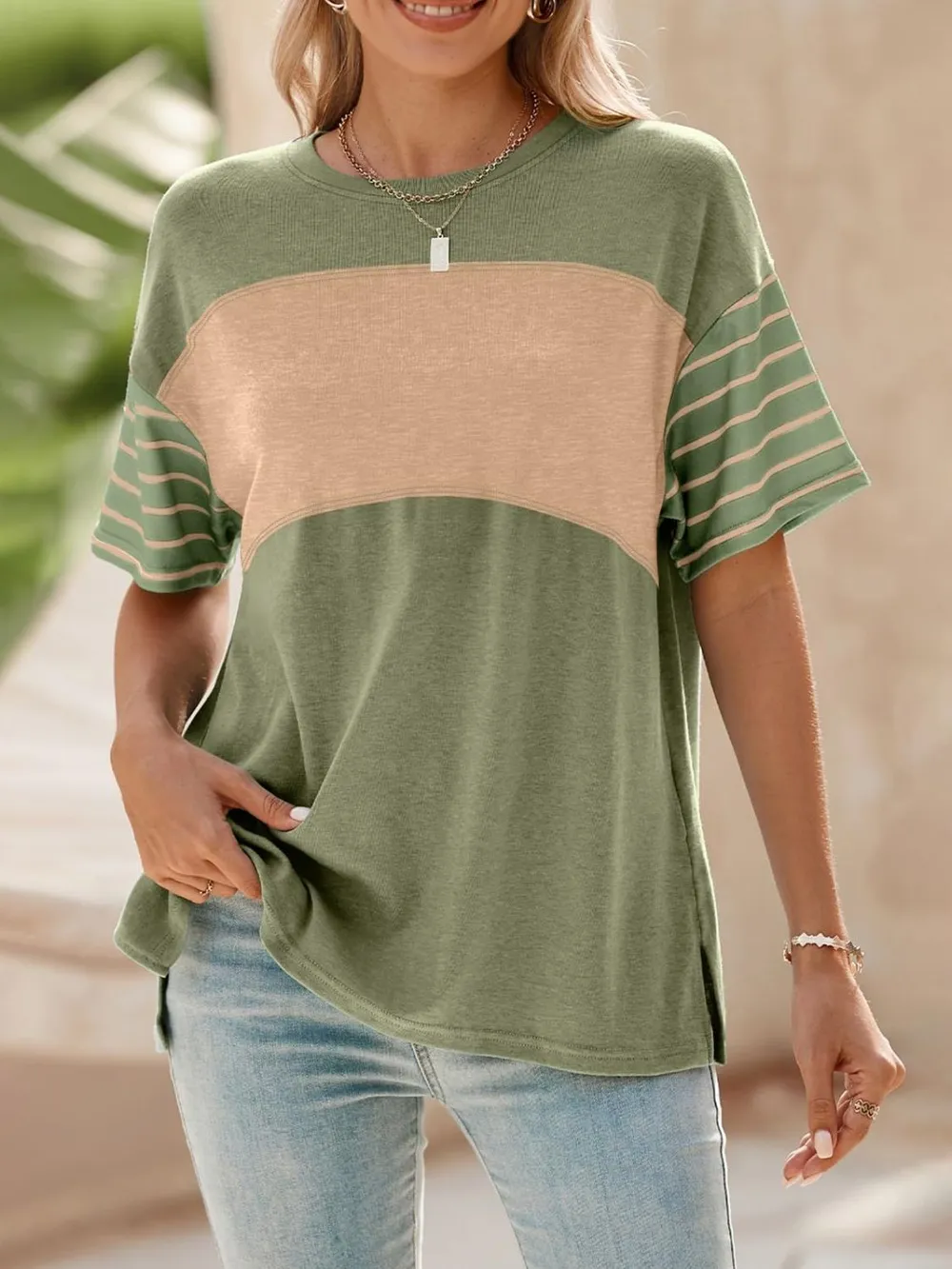 Color Block Striped Sleeve Casual T-Shirt, image 6