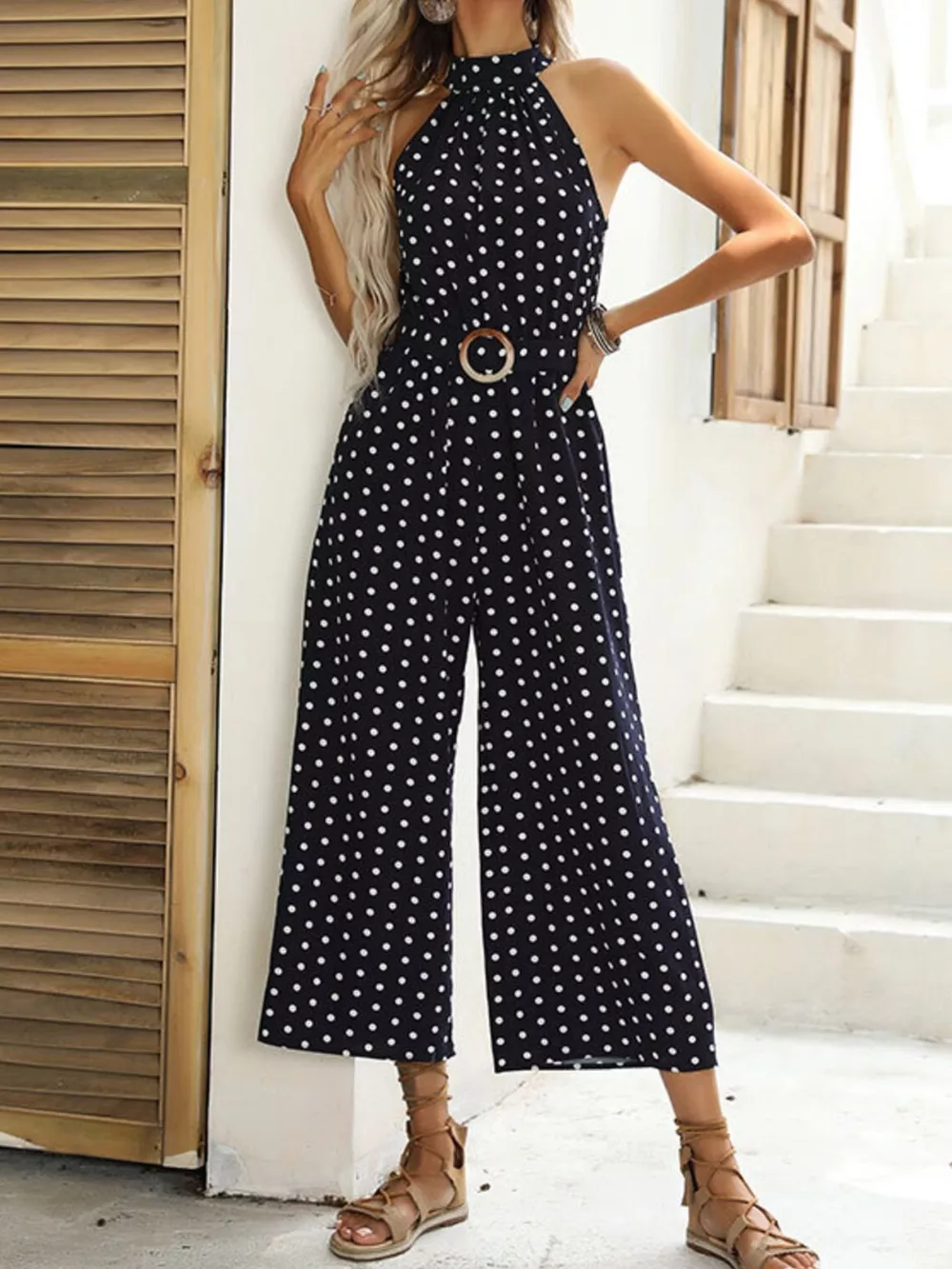 Polka Dot Halter Neck Wide Leg Jumpsuit, image 2