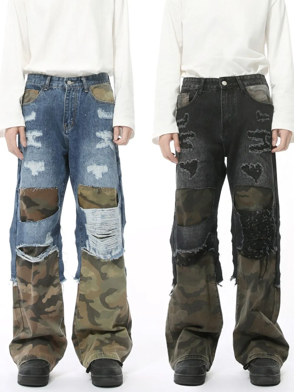 Distressed Camouflage Patchwork Jeans, image 2