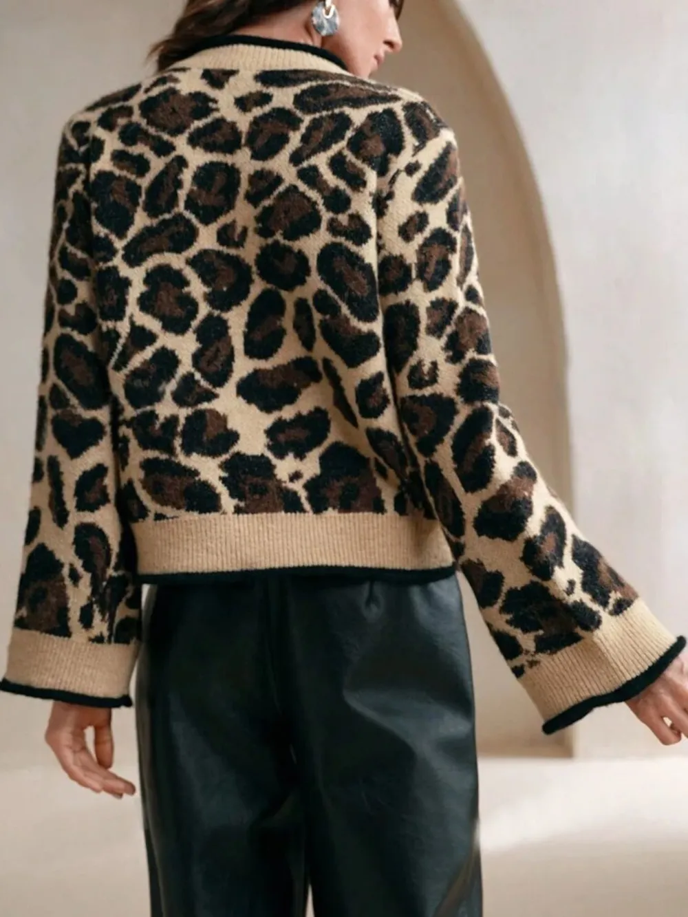 Leopard Print Bow-Tie Front Cropped Cardigan, image 2