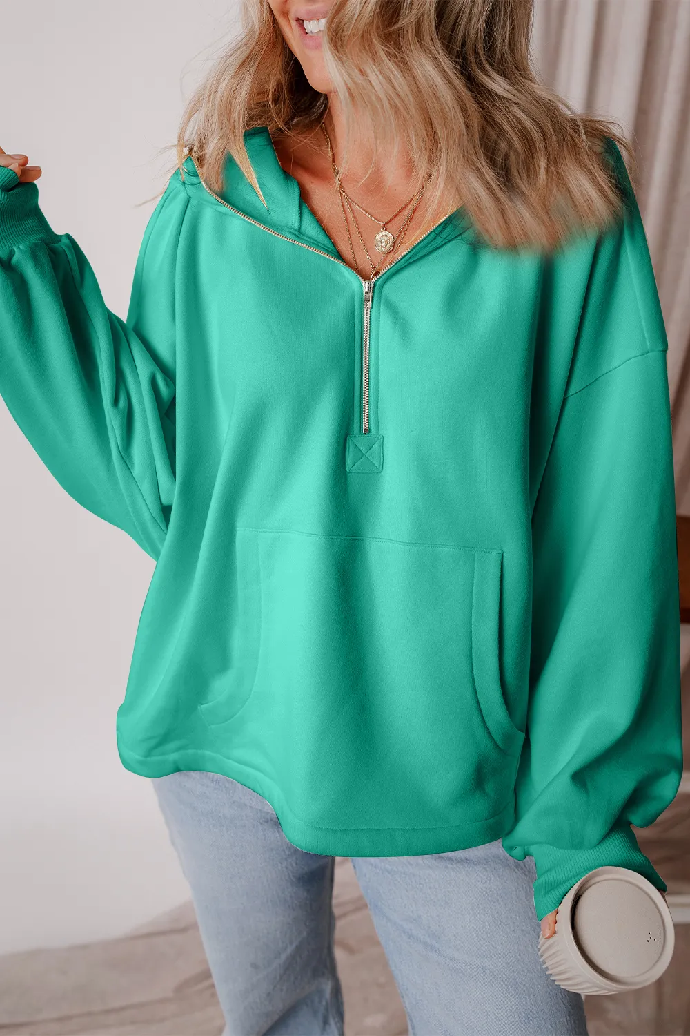 Pocketed Half Zip Dropped Shoulder Hoodie, image 5