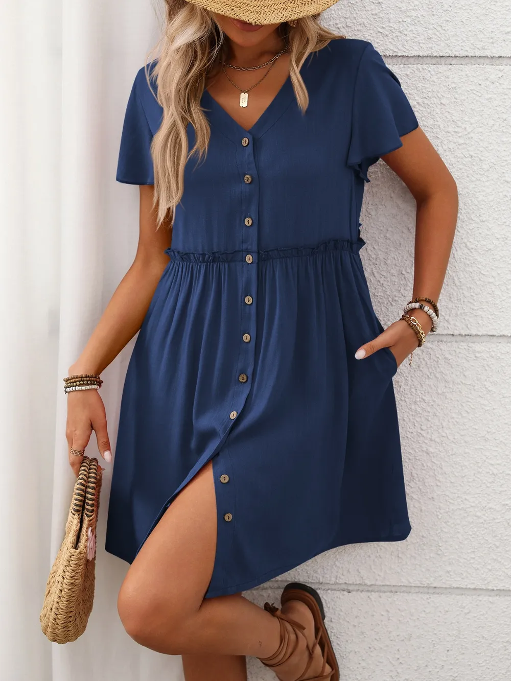 Button Front Flutter Sleeve Dress, image 8