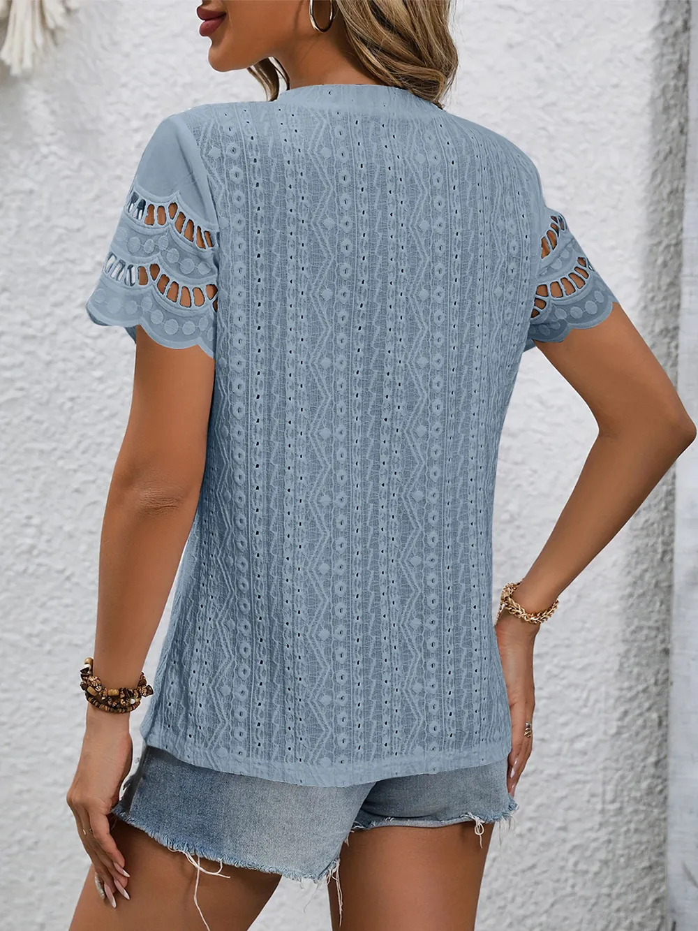 Full Size Eyelet Round Neck Short Sleeve Top, image 6