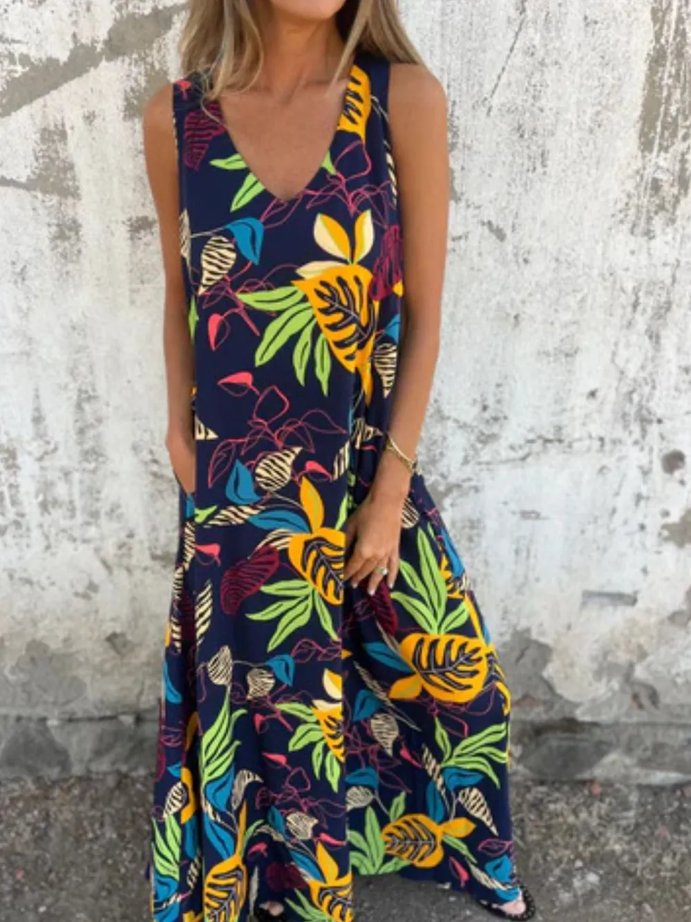 Full Size Printed V-Neck Sleeveless Dress Plus Size, image 2
