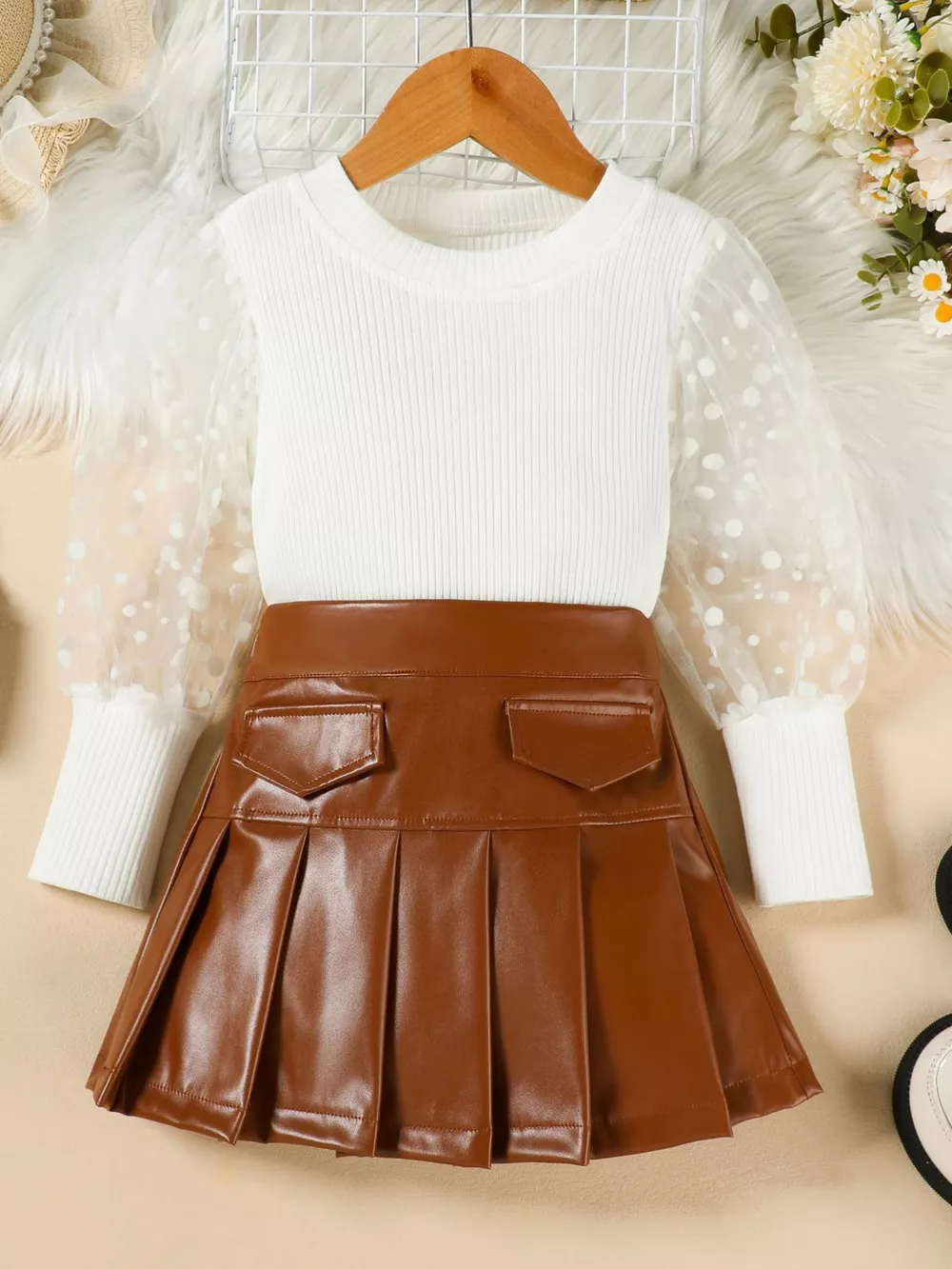 Children's Polka Dot Sleeve Top & Faux Leather Skirt Set, image 7