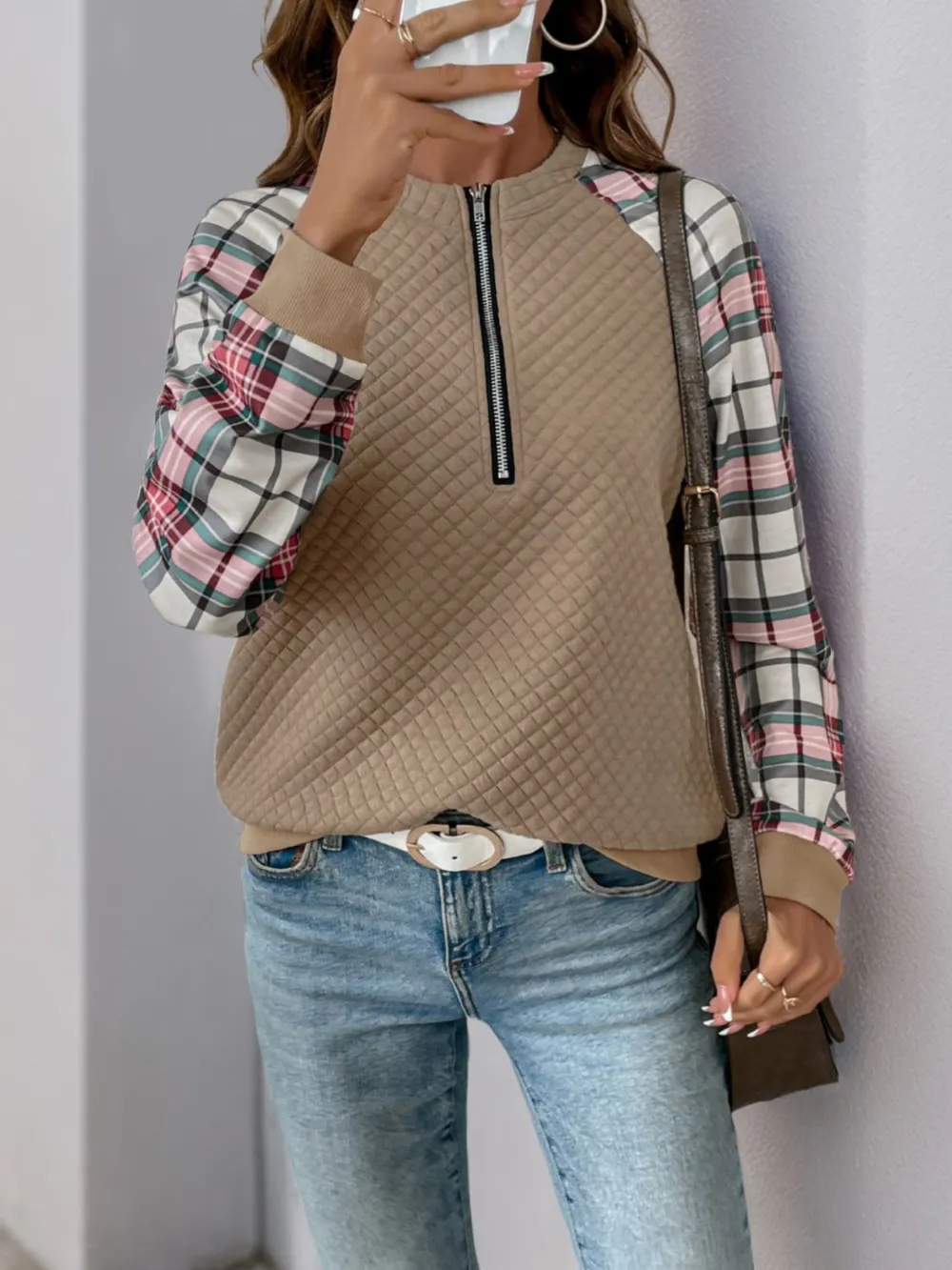 Plaid Half Zip Long Sleeve Texture Sweatshirt, image 3