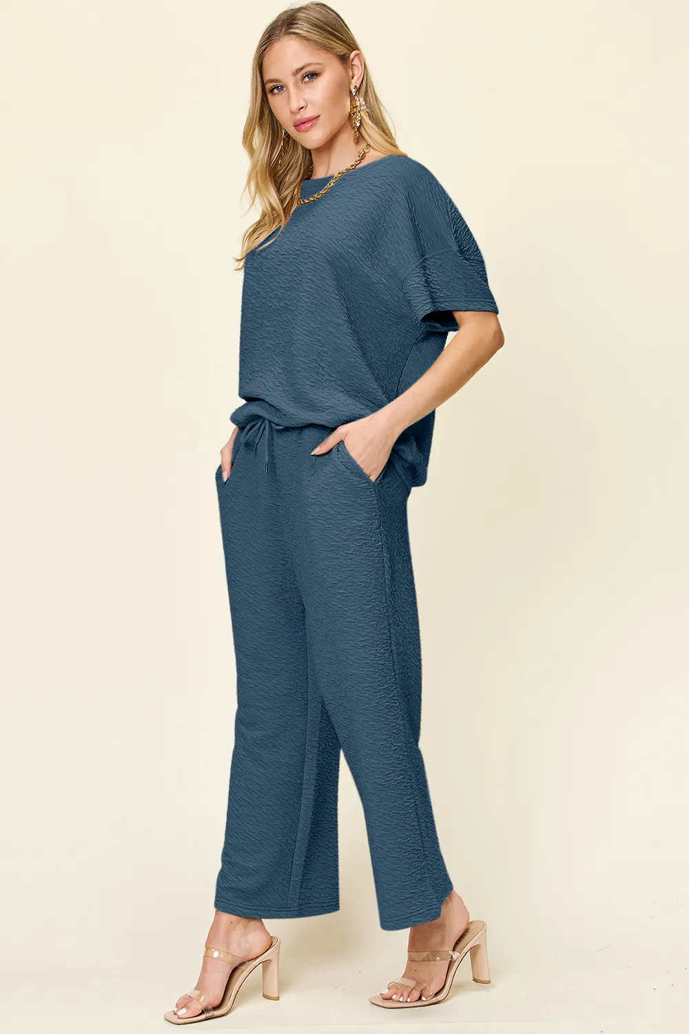 Full Size Texture Short Sleeve Top and Pants Set