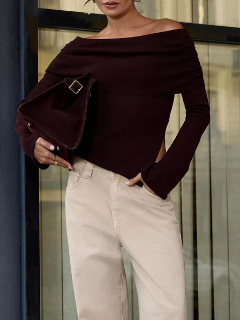 Asymmetrical Hem Off-Shoulder Long Sleeve Knit Top
