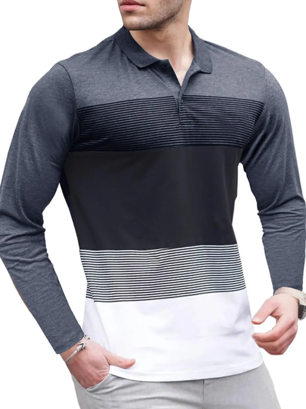 Men's Color Block Striped Long Sleeve Polo Shirt, image 8