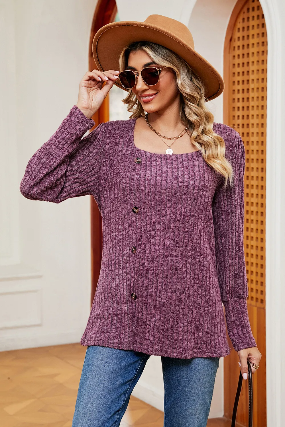 Decorative Button Square Neck T-Shirt, image 17