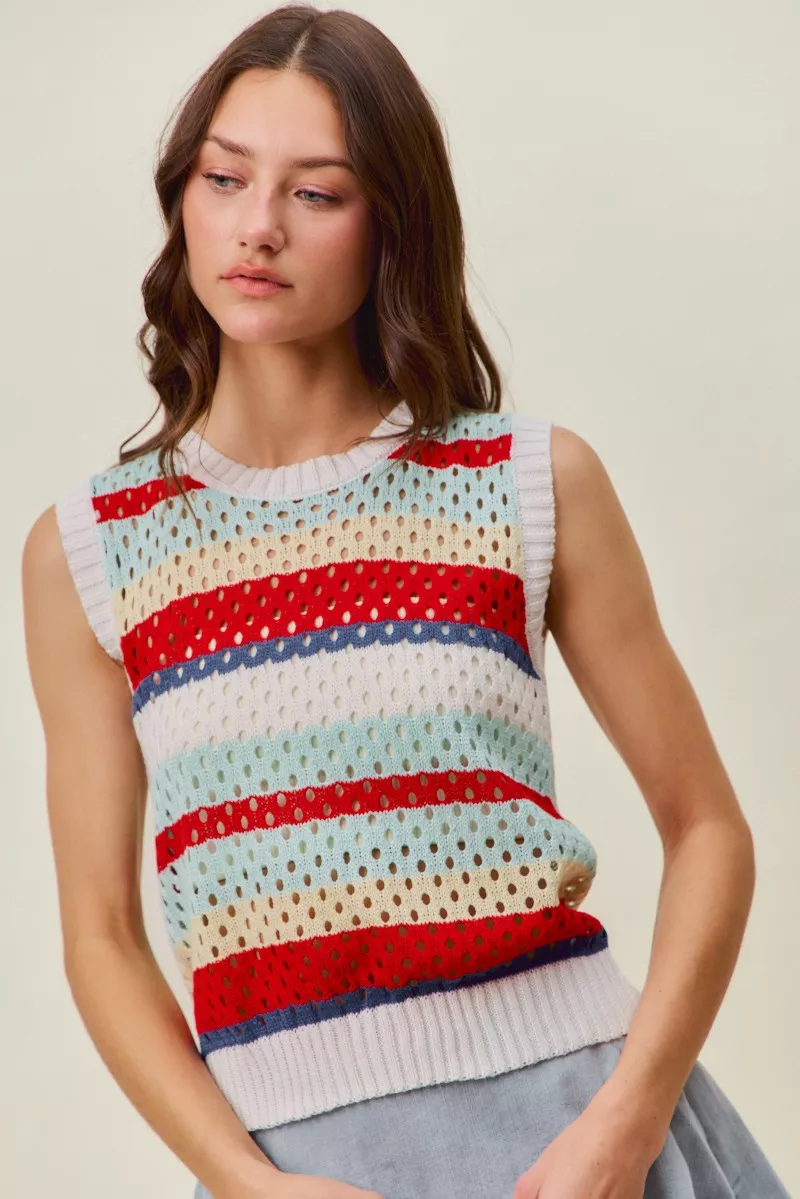 Tie Back Multi Stripe Sweater Knit Tank Top, image 6